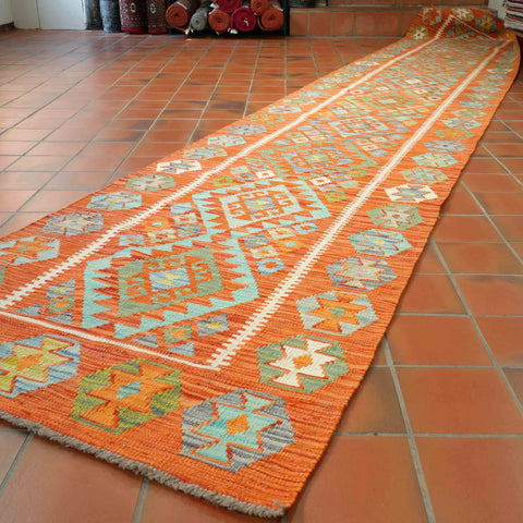 Handmade Afghan Kilim extra long runner - 309424