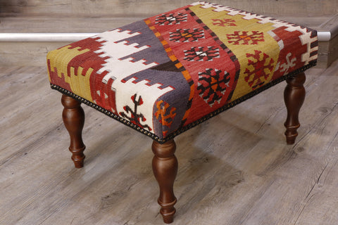 Medium handmade Turkish kilim covered stool - 308595